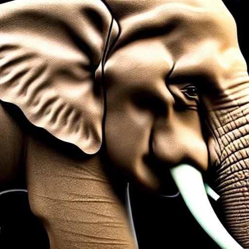 Image similar to elephant with horn in its head, ultra - realistic, elephant wrinkles, face close - up, 8 k.