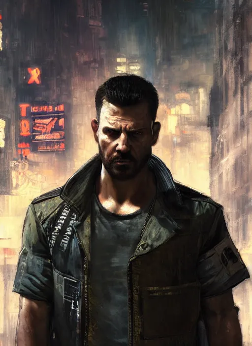 Prompt: max payne. cyberpunk mercenary in a military vest ( blade runner 2 0 4 9, cyberpunk 2 0 7 7 ). orientalist portrait by john william waterhouse and james gurney and theodore ralli and nasreddine dinet, oil on canvas. cinematic, hyper realism, realistic proportions, dramatic lighting, high detail 4 k