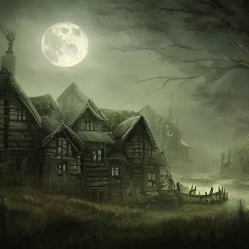 Prompt: haunted village surrounded by a dead forest, mist, moonlight, dark and gloomy, matte painting, ultra detailed, concept art