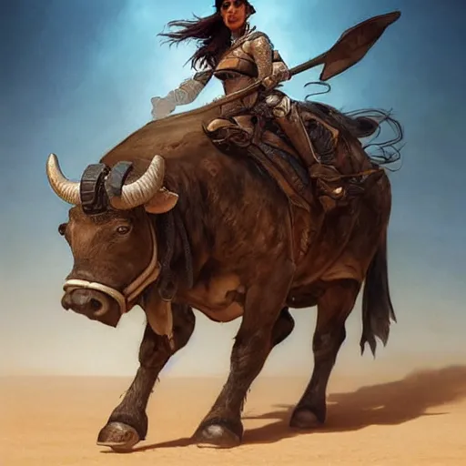 Prompt: Rugged ranger riding a blue bull in the desert, D&D, fantasy, intricate, elegant, highly detailed, digital painting, artstation, concept art, smooth, sharp focus, illustration, art by artgerm and greg rutkowski and alphonse mucha