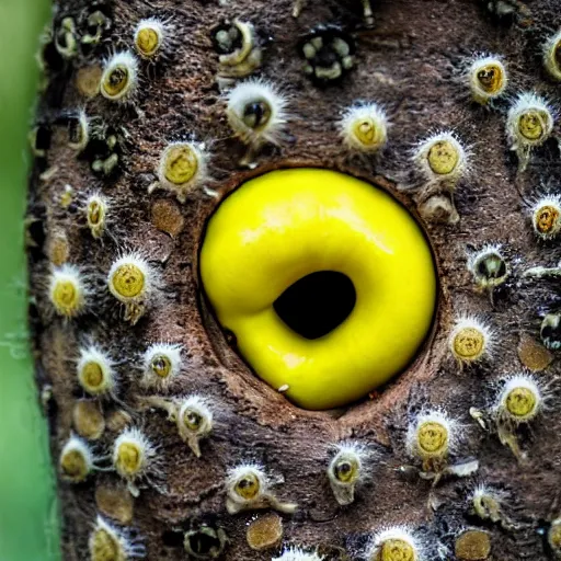Prompt: a mutated banana with holes in it, there are spiders crawling out of the holes, close up shot.