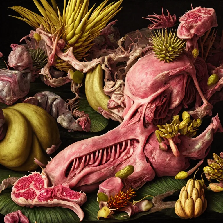 Image similar to still life of beautiful pastel tropical alien flowers, tropical fruit, human spine, rotten meat flesh with colorful mold, muscle tissue, spikes, baroque painting, beautiful detailed intricate insanely detailed octane render, 8K artistic photography, photorealistic, chiaroscuro, Raphael, Caravaggio