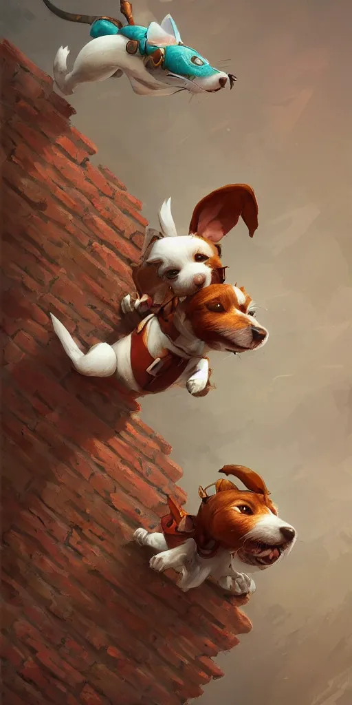 Image similar to adorable jack russel terrier floating over a brick wall, fantasy art, artstation character design contest winner, trending on cgsociety, concept art, speedpaint, beautiful digital art, jesper ejsing, james jean, justin gerard, fenghua zhong, makoto shinkai, highly detailed