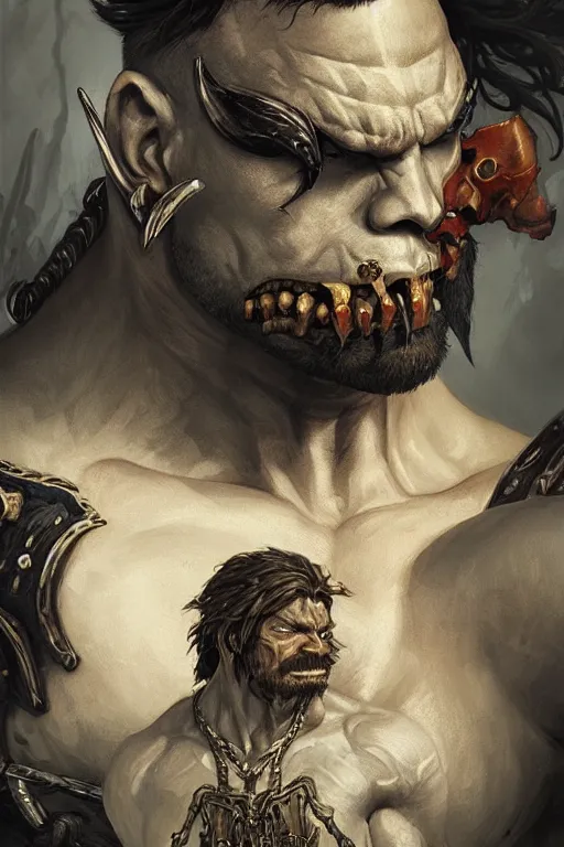 Image similar to portrait of a hulking herculean orc demon barbarian pirate, male, masculine, upper body, belt of skulls, fantasy, frown,, intricate, elegant, highly detailed, digital painting, artstation, concept art, sharp focus, illustration, art by artgerm and greg rutkowski and alphonse mucha