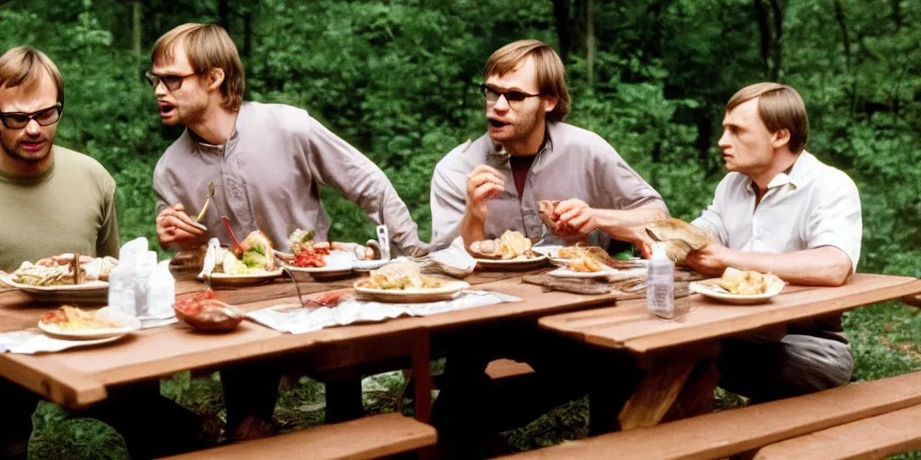 Prompt: photo of jeffrey dahmer and hannibal lecter eating lunch at a picnic table, highly detailed, 4 k