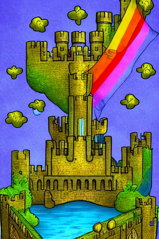 Prompt: dominion eurogame card showing a rainbow castle with a moat. fantasy deviantart