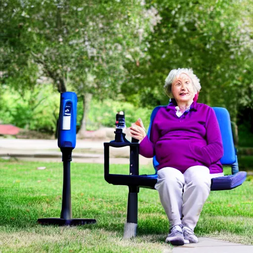 Prompt: an older woman sitting in a park using an oxygen concentrator, 4 k,