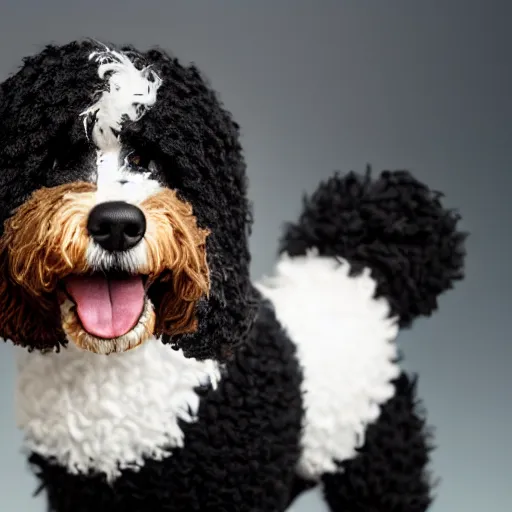 Image similar to a closeup photorealistic photograph of a cute smiling knitted bernedoodle judge dog dressed in a black gown, presiding over the courthouse. indoor image, professional capture, well lit shot. this 4 k hd image is trending on artstation, featured on behance, well - rendered, extra crisp, features intricate detail, epic composition and the style of unreal engine.