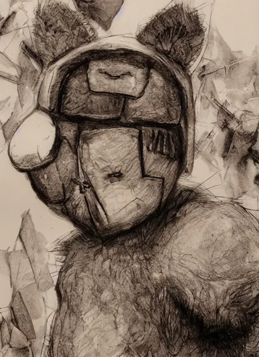 Image similar to beautiful little boy wearing an cyborg bear suit, artwork in kentaro miura and made in abyss and rosdraws, smooth, beautiful lightness, anatomically correct, trending on pixiv, forest