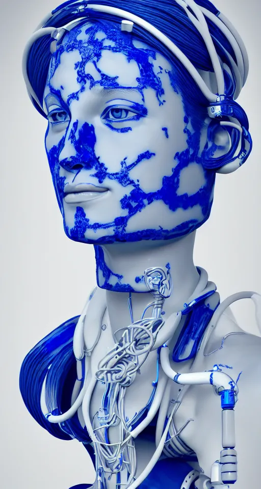 Prompt: portrait of a graceful cyborg, made of porcelain of delft, blue of delft, mechanical details, fluid cable, octane, 8 k resolution, detailed, realistic