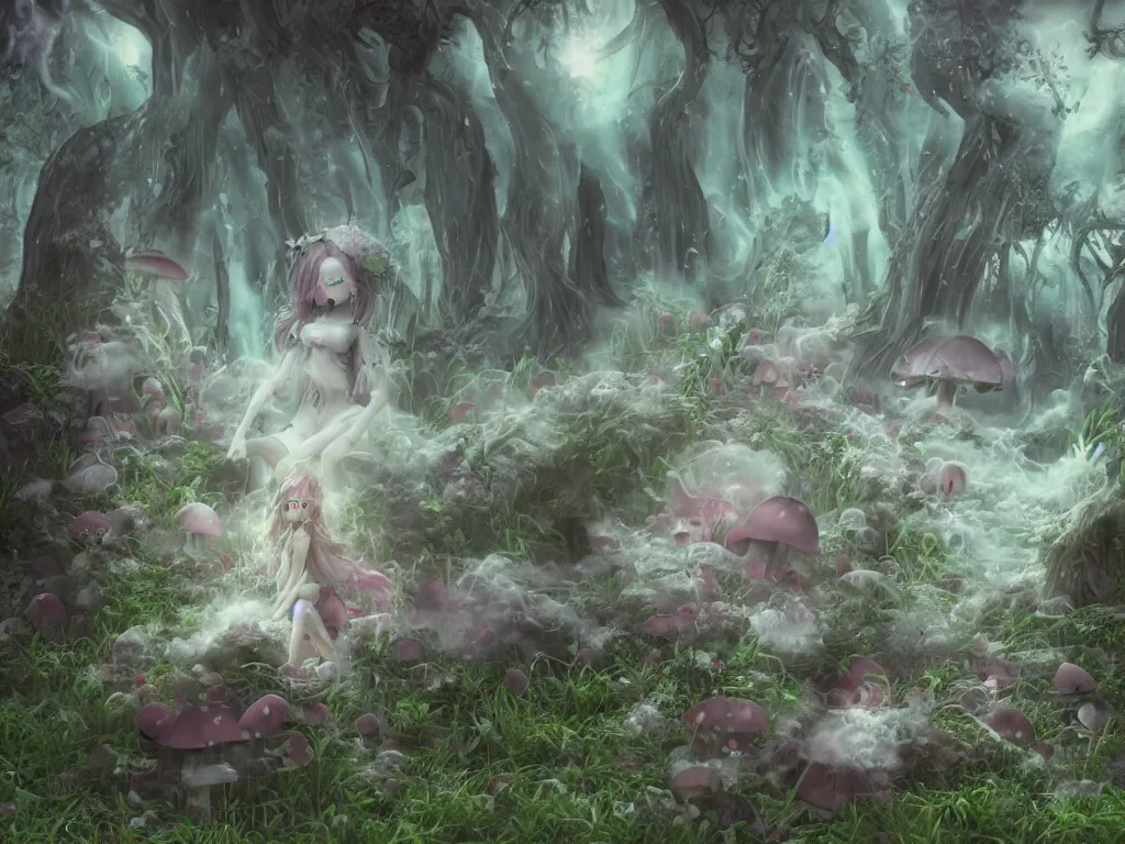 Image similar to cute fumo plush of a gothic maiden girl, inverse color, overdose, overgrown flooded mystical mushroom forest temple, mysterious ritual over tempestuous stormy water, wisps of volumetric vortices of glowing smoke and fog, vignette, vray