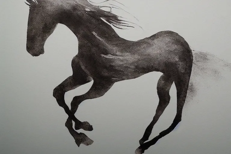 Image similar to beautiful serene horse, healing through elegant motion, minimalistic ink aribrush painting on white background