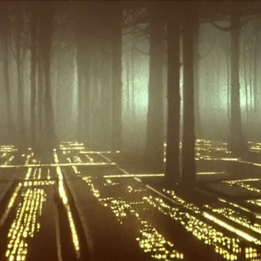 Image similar to a forest. still from blade runner.