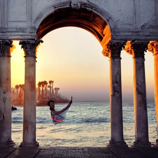 Prompt: A woman wrapped in billowing veils, ankle-deep in water under an archway with two gilded Roman columns made of human bones, sunset, super photo-realistic, detailed, 4k