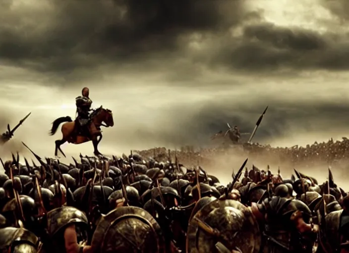 Image similar to cinematic film still of joe biden as leonidas charging into battle in 3 0 0 movie, 8 k, epic moody sky, dramatic lighting