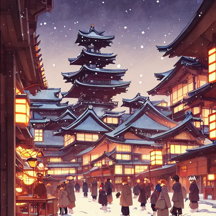 Image similar to japanese city, winter, in the style of studio ghibli, j. c. leyendecker, greg rutkowski, artem