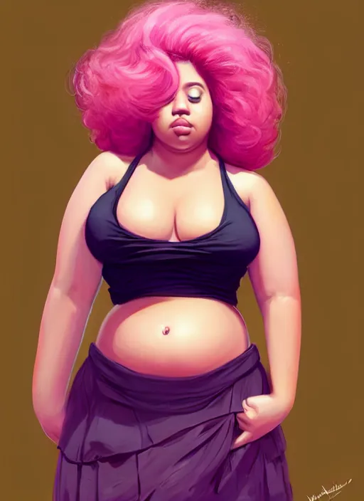 Image similar to full body portrait, teenage vanessa morgan, pink hair, dark skin, obese, curly pixie hair, sultry, realistic, short hair, hoop earrings, skirt, shirt, fat, belly, intricate, elegant, highly detailed, digital painting, artstation, concept art, smooth, sharp focus, illustration, art by wlop, mars ravelo and greg rutkowski