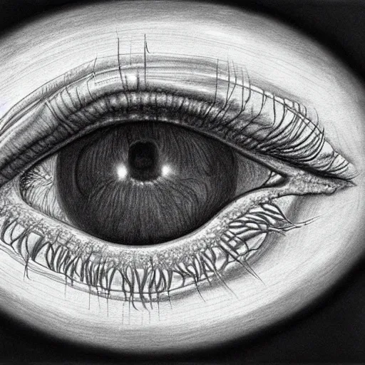 Prompt: detailed pencil drawing of an eye reflecting a dna double helix