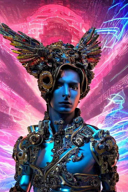 Prompt: full-body cyberpunk style sculpture of a young handsome Colombian prince half android with a chest opening exposing circuitry and electric sparks, glowing pink eyes, crown of blue flowers, flowing salmon-colored silk, fabric, raptors. baroque elements. full-length view. baroque element. intricate artwork by caravaggio. many many birds birds on background. Trending on artstation, octane render, cinematic lighting from the right, hyper realism, octane render, 8k, depth of field, 3D