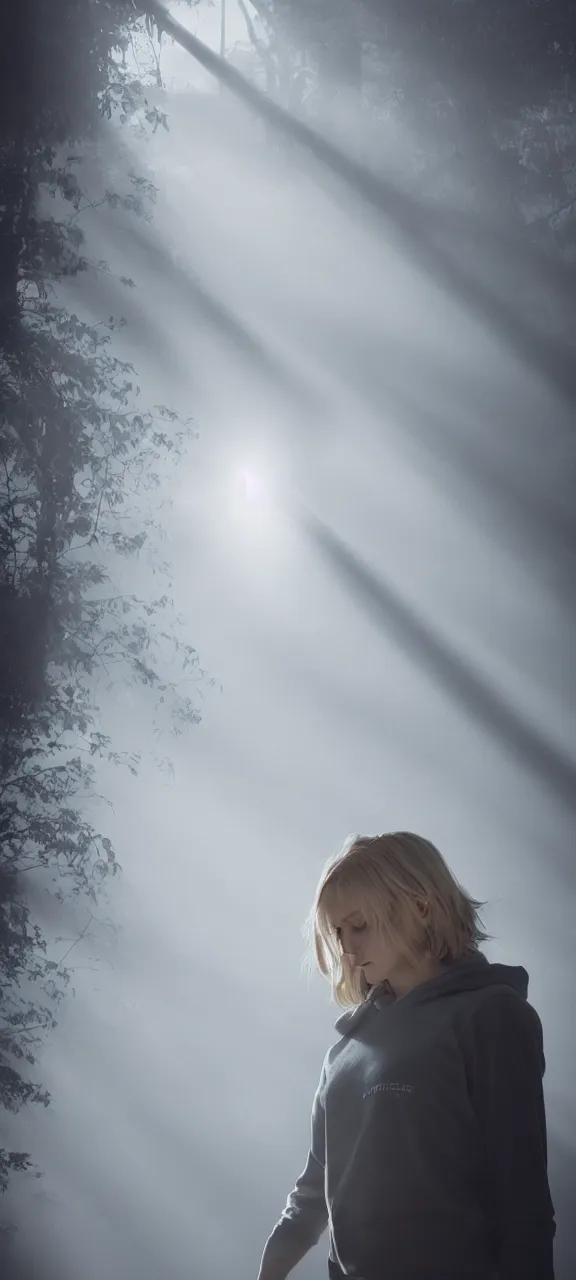 Image similar to very very beautiful photograph of emily skinner looking like annie leonhart in a hoodie standing next to a window god rays shining on her from the sunlight, volumetric fog, smoke, depth of field, beautiful composition, very very very beautifull face, on artstation and instagram, ray tracing