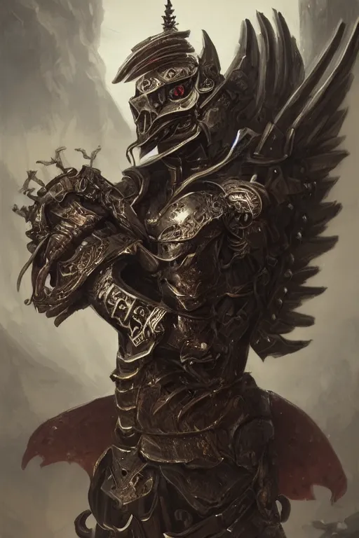 Image similar to portrait of a skeleton with chinese dragon in armor and helmet, majestic, solemn, big sword, wearing helmets and armor with wings, symmetrical, solemn, sacred, aura, art by greg rutkowski, matte painting, trending on artstation