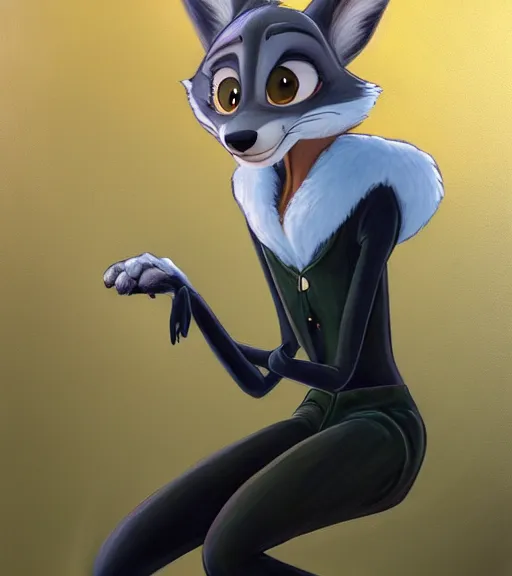 Image similar to oil painting of detailed full body of anthromorphic female wolf, in style of zootopia, zootopia, zootopia, fursona, furry, furaffinity, 4 k, deviantart, furry art, fursona art, wearing black business suit, business suit, in style of zootopia, wolf fursona, cyberpunk, female, expressive detailed feminine face,