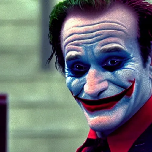Image similar to awe inspiring Robin Williams playing The Joker 8k hdr movie still dynamic lighting