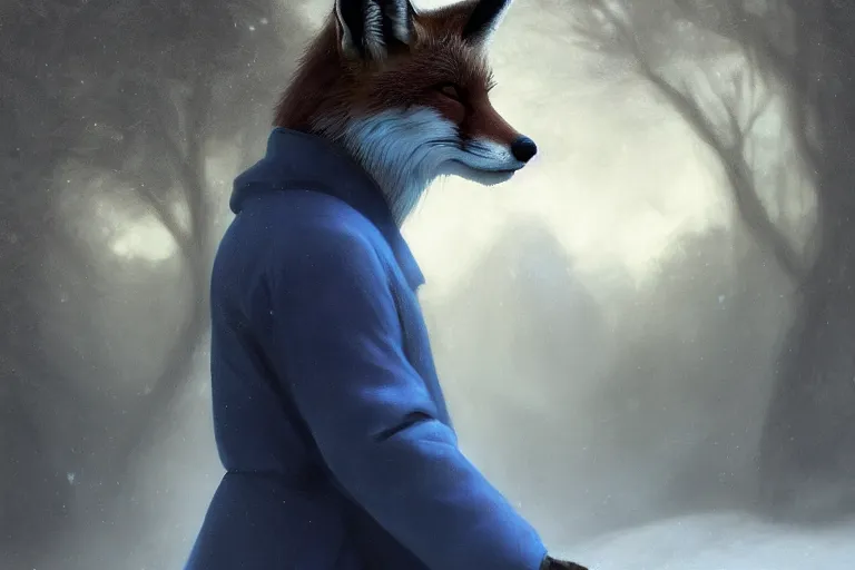 Image similar to portrait of a fox wearing blue coat stood outside a school, trending on artstation, highly detailed, digital painting, volumetric light, concept art, middle focus, illustration, lighting by Marc Adamus, daren bader, aleksi briclot, rutkowski, bouguereau