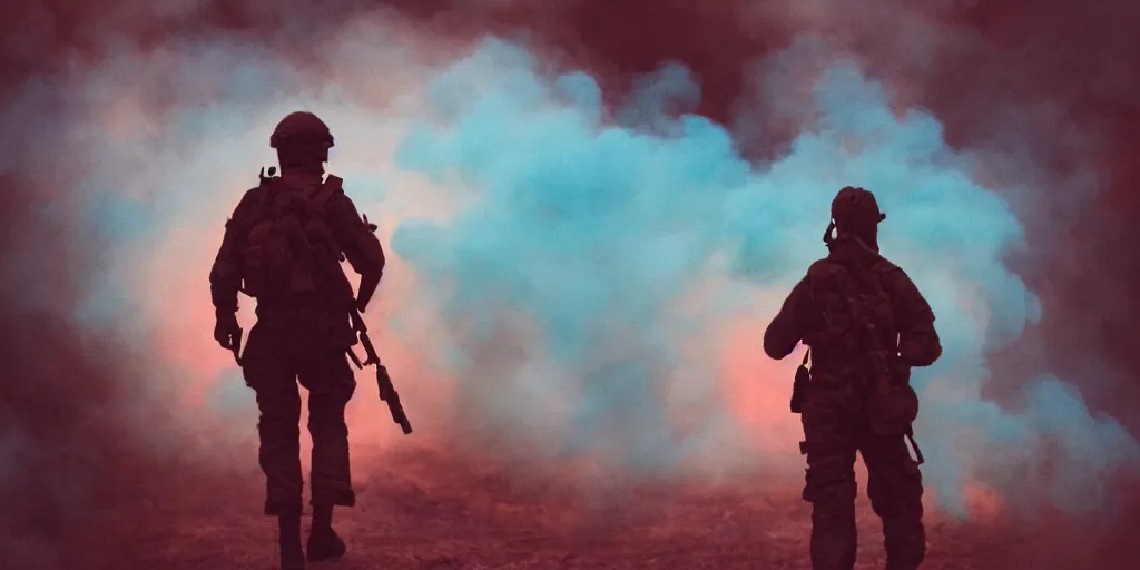 Image similar to a lone soldier walking from behind, cyan and red background, smoke