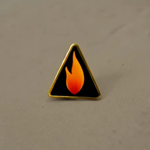 Prompt: a retro minimalistic rhombus shape enamel pin of a retro minimalistic flame fire warning label, smooth curves