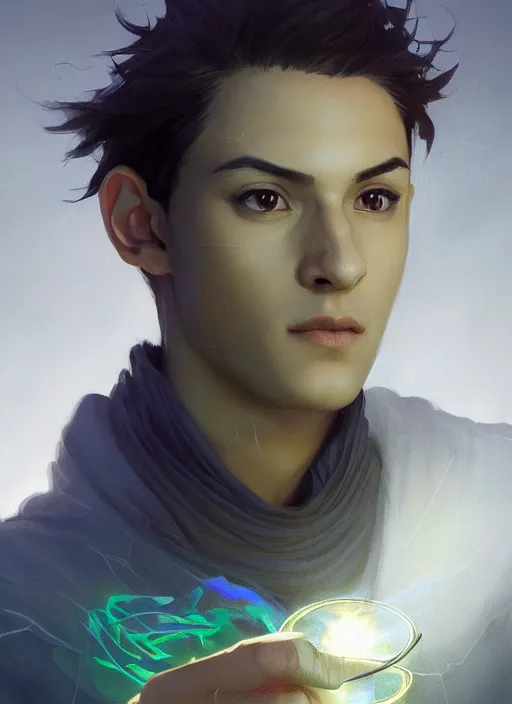 Image similar to character concept portrait of a handsome young wizard with olive skin and buzzed short spiky hairstyle casting a glowing spell with glowing runes, a floating iridescent spell book, intricate, elegant, digital painting, concept art, smooth, sharp focus, illustration, from Metal Gear, by Ruan Jia and Mandy Jurgens and Artgerm and William-Adolphe Bouguereau