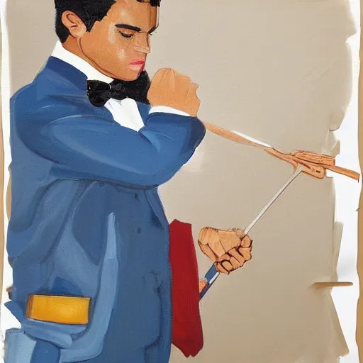 Image similar to A painter. A man, maybe in his mid-thirties. His skin tone is tanned and his hair is cut short. He appears to be some sort of artist, probably a painter. He is wearing a blue jacket, white dress shirt, and blue plaid bow tie. His pants are brown and he has a belt around his waist.