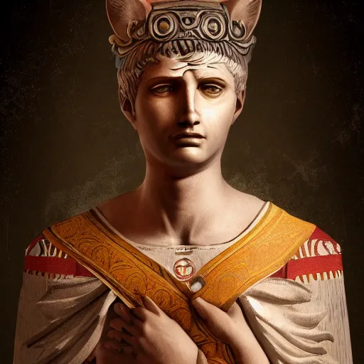 Image similar to illustration of the roman emperor augustus neko man half cat, character design, art station, epic, elegant, masterpiece of mark rise