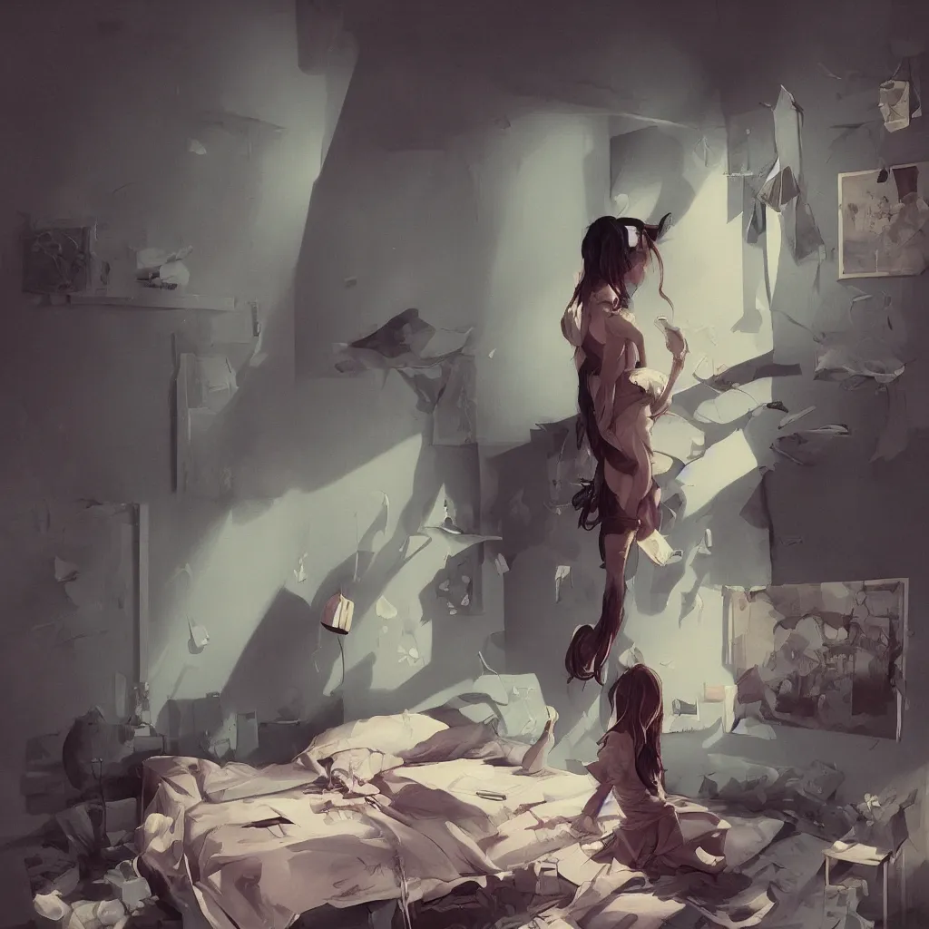 Image similar to famous japanese actress girl seeing the shadow of her desires on the bed of abandoned nightmare house with a light from a window projecting her secret dreams in negative space, painting by Peter Mohrbacher, style of James Jean, Edward Hopper, Francis Bacon, colors of Mark Rothko, Frank Auerbach, trending on artstation, Greg Rutkowski, dark atmosphere