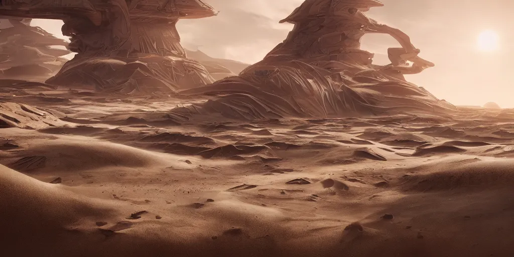 Image similar to a Dune ancient futuristic city, landscape, Dune movie, brutalism architecture, photo-realistic, photography, detailed, unreal engine, epic composition, shiny sand