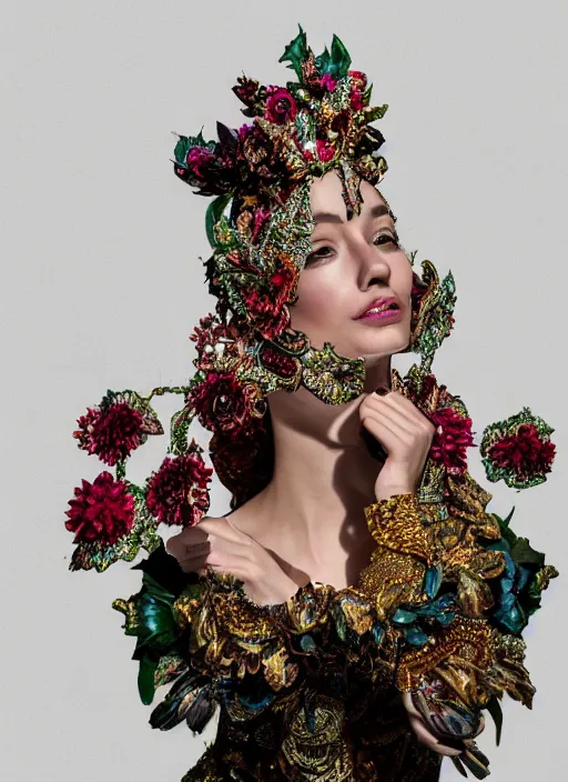 Prompt: full body environmental portrait photo of a female model, ornate headpiece made from flowers, ornaments, glamour shot by gemmy woud - binnendijk, chris knight, photorealistic, canon r 3, fashion photography, ornate, symmetrical features, octane render, unreal engine, solid dark background, clamp shell lighting, rim lighting