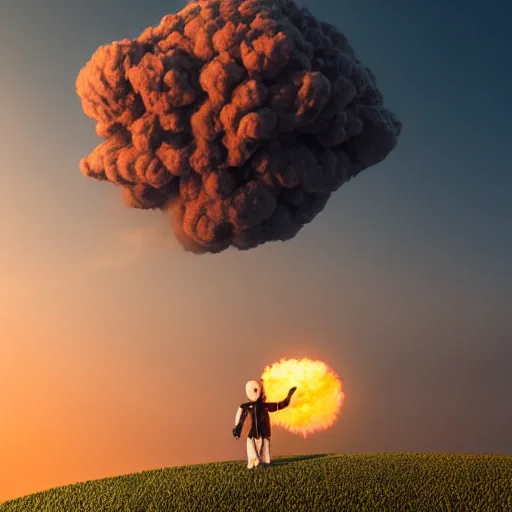 Image similar to a smiling mannequin standing in a hill, nuclear explosion in the background, 3 d render, octane, ray tracing, ultra detailed, photorealistic, ultra high resolution, 8 k,