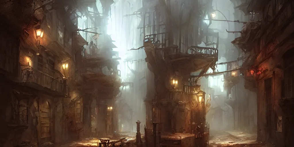 Prompt: dark alleyway by bastien lecouffe - deharme and charles bowater, greg rutkowski, adventure game, inspired by diablo concept art