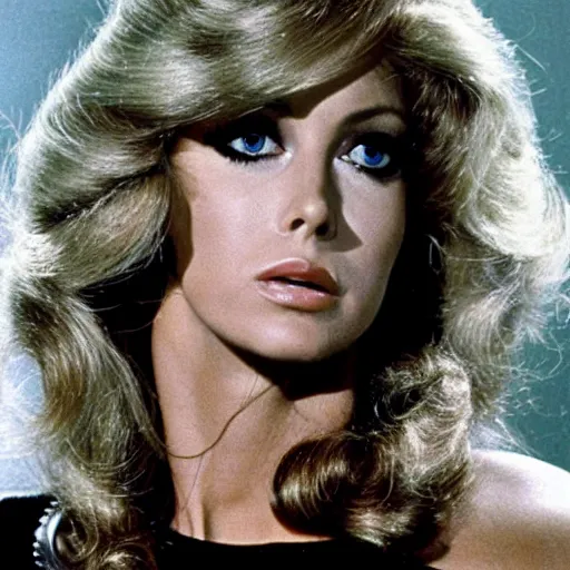 Prompt: farrah fawcett as black widow in the avengers ( 1 9 7 8 )