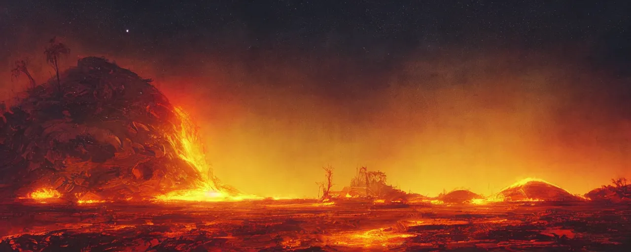 Image similar to ” burning landscape at night, [ cosmic, cinematic, detailed, epic, widescreen, opening, establishing, mattepainting, photorealistic, realistic textures, octane render, art by slop and paul lehr ] ”