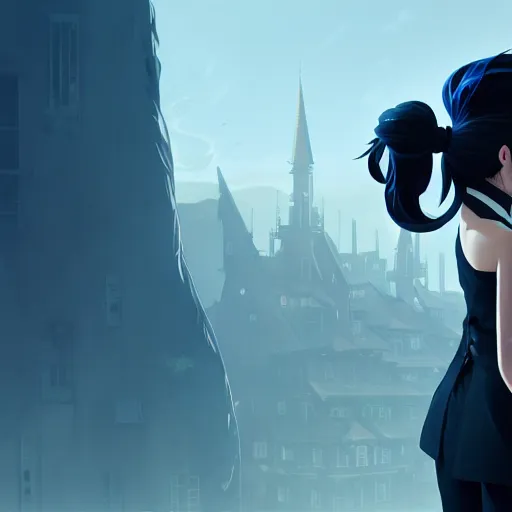 Image similar to low - angle shot from behind of a long blue ponytail girl in a tailcoat overlooking noxus, noir, screenshot, sharp focus, intricate, illustration, cell shaded, digital painting, highly detailed, art by ilya kuvshinov, wlop, greg rutkowski, studio quality, james jean