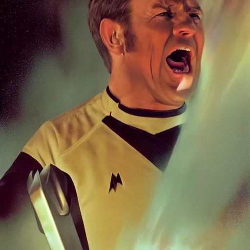 Image similar to photograph of captain j. kirk from star trek screaming in terror. sharp photograph, sharp focus, highly detailed,, detailed face!!, ultra realism, dramatic lighting, zeiss lens, canon eos, detailed skin, dynamic pose, 8 k resolution, hyperrealism, portrait photography, art by artgerm and greg rutkowski and alphonse mucha