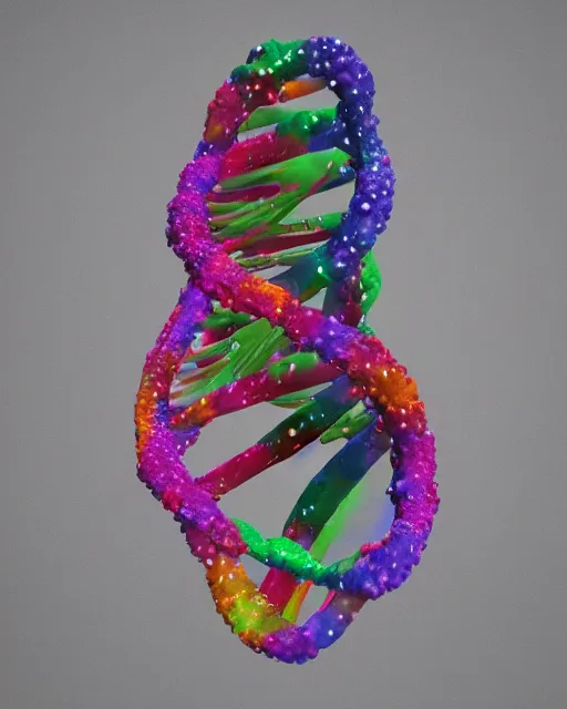 Image similar to detailed 3 d print of a dna helix in a nebulae. stardust and bioluminescent color scheme.