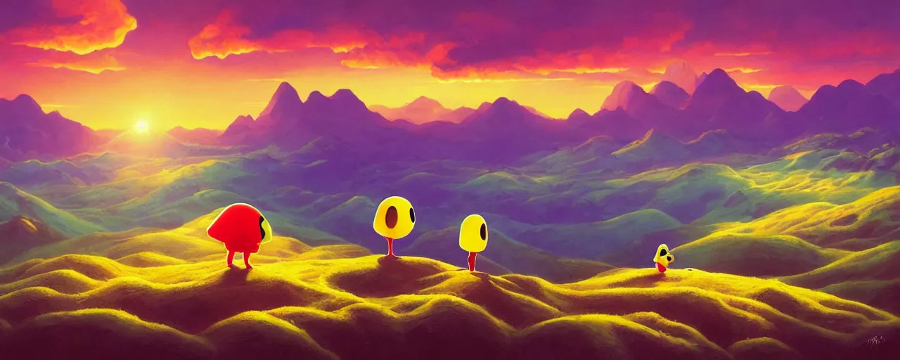 Prompt: detailed pacman in a beautiful nature landscape with clouds, mountains, in background, sunset, by rhads, pacman