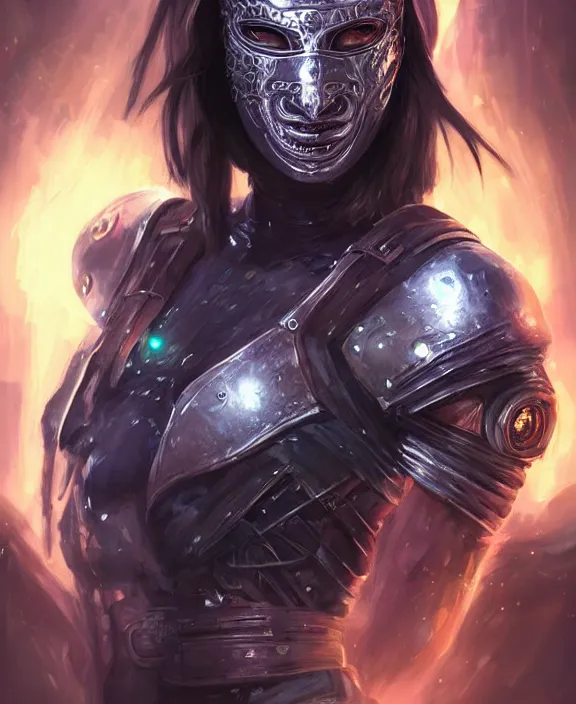 Image similar to portrait of a cyberpunk masked warrior, half body, glowin eyes, d & d, fantasy, intricate, elegant, highly detailed, digital painting, artstation, concept art, art by artgerm