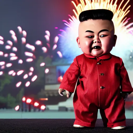 Prompt: kim jong un doll watching screaming chucky doll fireworks octane render