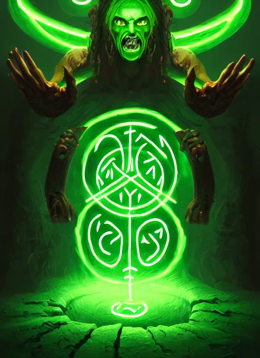 Image similar to illustration of a demonic evil glowing green portal with glowing runes, with hands reaching out from the portal covered in rune tattoos, intricate, demonic, evil green lighting, highly detailed, digital painting, artstation, concept art, smooth, sharp focus, illustration, art by wlop, mars ravelo and greg rutkowski