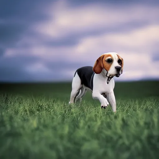 Image similar to landscape beagle running in a field . intricate artwork by art-station. octane render, cinematic, hyper realism, 8k, depth of field.