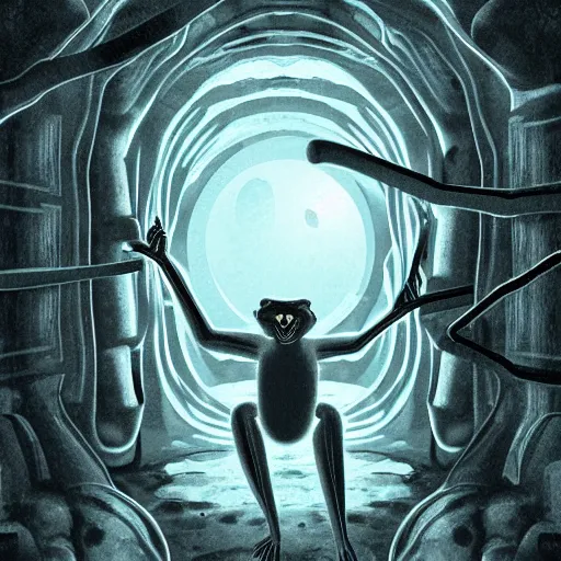 Prompt: macaque inside alien base, digital art, soft shadows, scary art