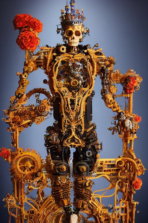 Prompt: full-body baroque and cyberpunk style sculpture of a young handsome Spanish prince half android with a chest opening exposing circuitry and a sparking motherboard, glowing blue lasert eyes, crown of mechanical gears and roses, flowing orange-colored silk, fabric, steampunk archways. baroque elements, human skull. full-length view. baroque element. intricate artwork by caravaggio. many many birds birds on background. Trending on artstation, octane render, cinematic lighting from the right, hyper realism, octane render, 8k, depth of field, 3D